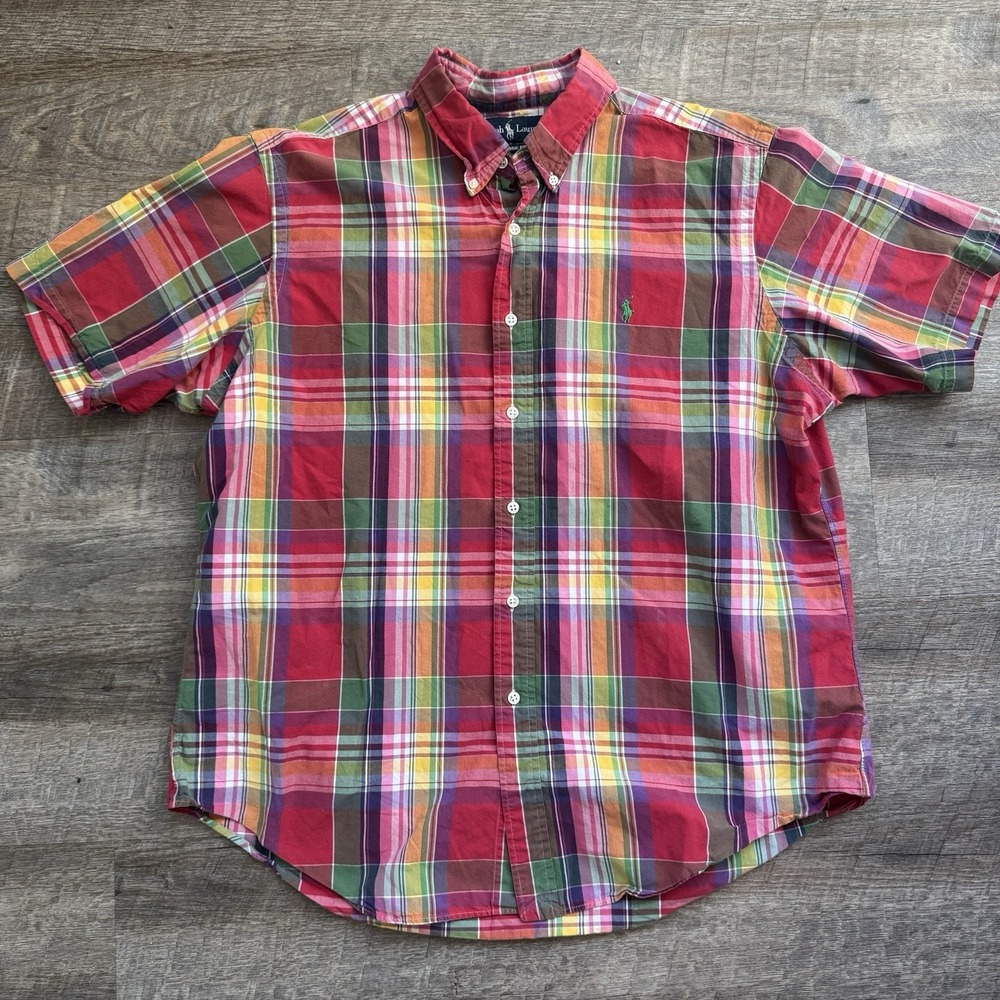 Vintage Ralph Lauren Shirt Mens XL Red Green Plaid Short Sleeve Classic Madras